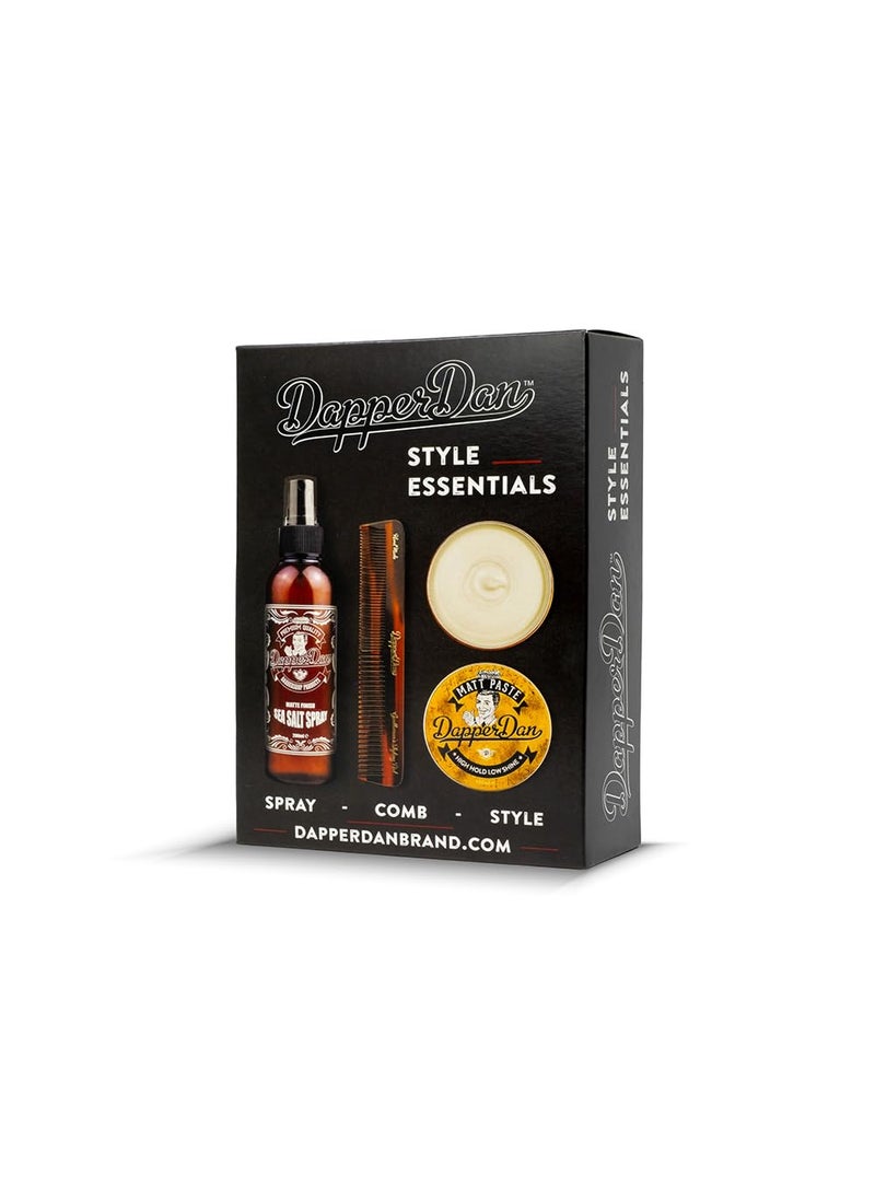 Dapper Dan - Dapper Dan Style Essentials Gift Pack with High Hold Low Shine Matt Paste 100ml Texturising Sea Salt Spray 200ml and Hand Made Styling Comb - Image 1