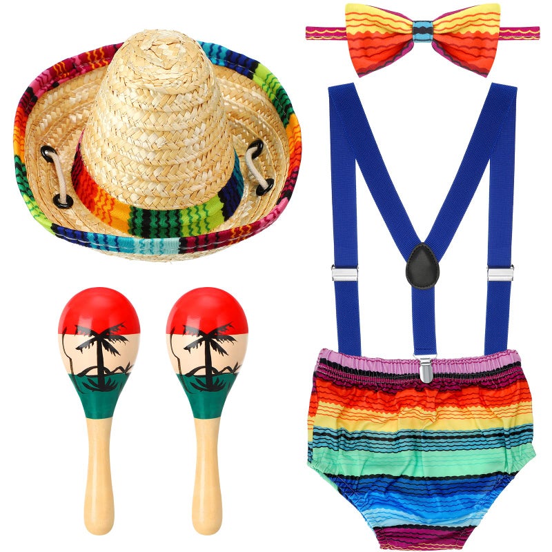 Geyoga Baby Boy 1st Birthday Mexican Cake Smash Outfit Include Suspender Trousers Bow Tie Hat with Musical Colorful Wood Rumba Shakers Rattle - Image 1