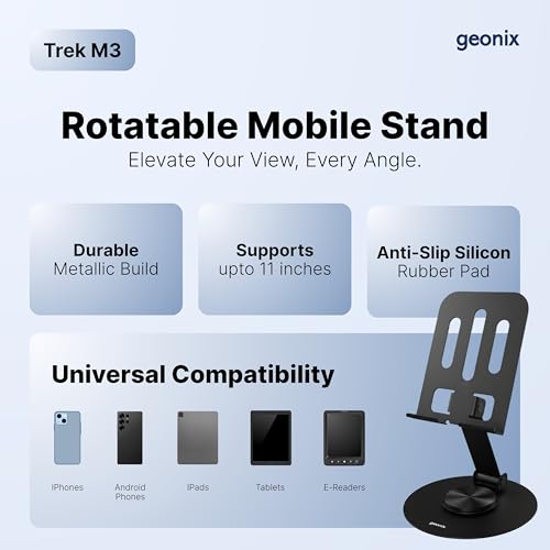 Geonix Trek M3 360° Rotatable & Foldable Mobile Phone Stand – Metallic, Adjustable Height & Angle, Universal Holder for Smartphones & Tablets (Black) - Image 5