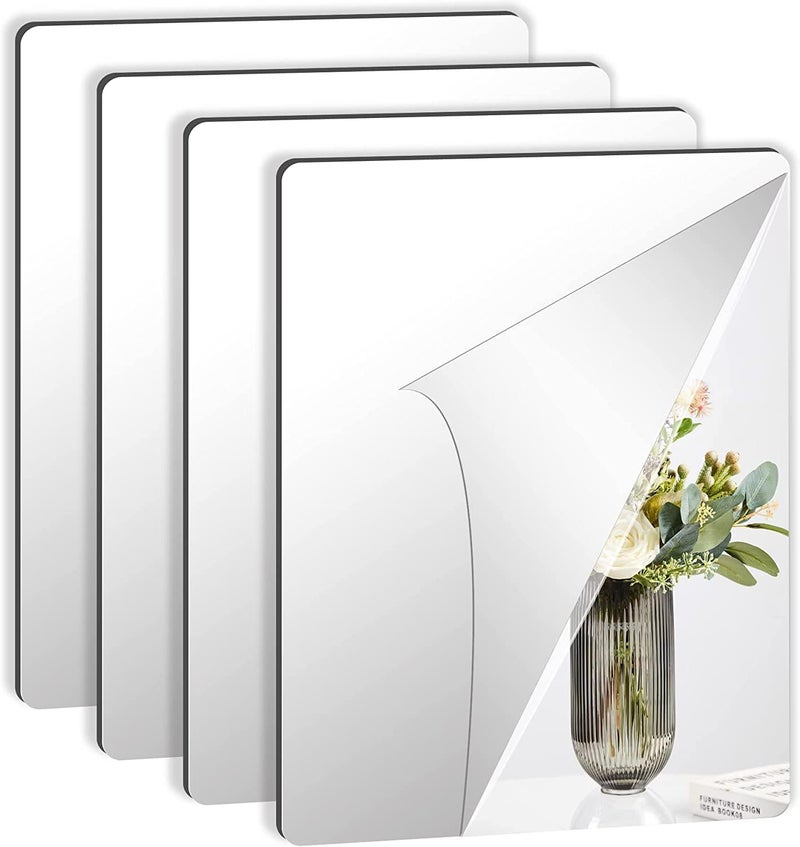 JUNEBRUSHS 4 Pack Self Adhesive Acrylic Mirror, 12x 16 Inch Mirror Tiles,Flexible Plastic Mirror Sheets Wall Stickers,2MM Thick Mirror,Frameless Small Mirror - Image 1