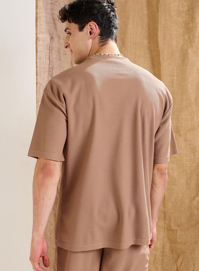 SASSAFRAS Men Brown Waffle Textured Short Sleeve Oversized T-Shirt - Image 5
