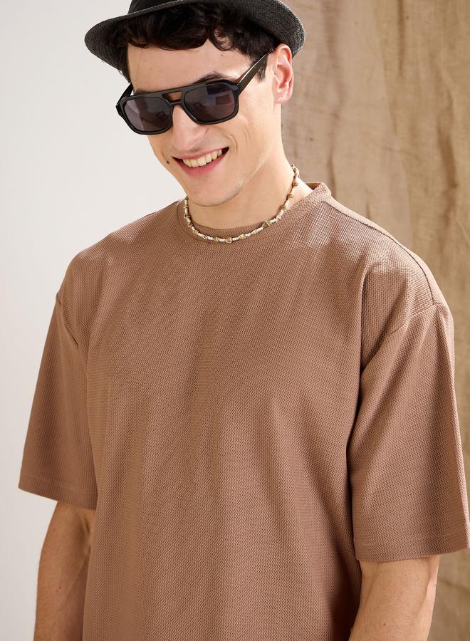SASSAFRAS Men Brown Waffle Textured Short Sleeve Oversized T-Shirt - Image 1