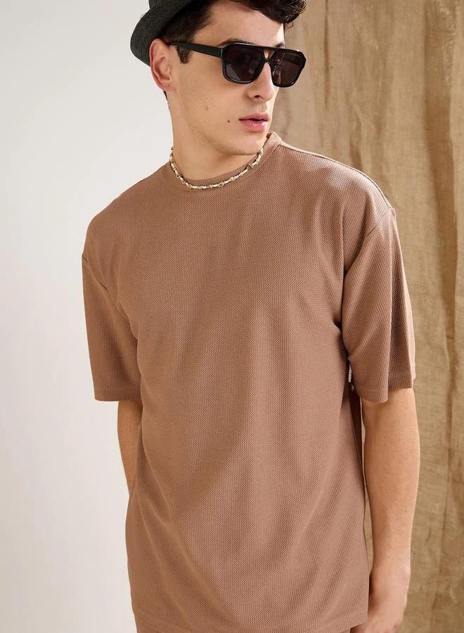 SASSAFRAS Sassafras Men Brown Waffle Textured Short Sleeve Oversized T-Shirt