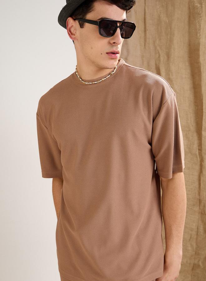 SASSAFRAS Men Brown Waffle Textured Short Sleeve Oversized T-Shirt - Image 2