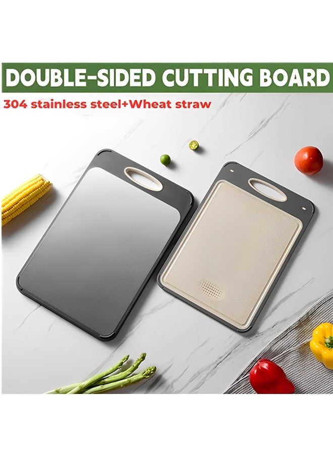 بيوينتي لوح تقطيع، لوح تقطيع مزدوج الوجه من الفولاذ المقاوم للصدأ 304 ولوح تقطيع من قش القمح للمطبخ، مقاس 16×11 بوصة - كبير لتقطيع الفواكه والخضروات واللحوم، سهل التنظيف - Image 2