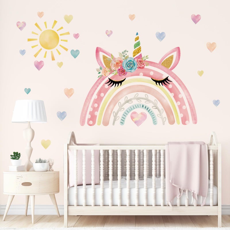 wondever Watercolor Large Rainbow Wall Stickers Unicorn Rainbow Hearts Sun Peel and Stick Wall Art Decals for Girls Bedroom Baby Nursery Kids Bedroom - Image 2