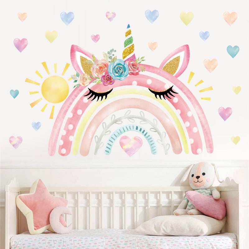wondever Watercolor Large Rainbow Wall Stickers Unicorn Rainbow Hearts Sun Peel and Stick Wall Art Decals for Girls Bedroom Baby Nursery Kids Bedroom - Image 1
