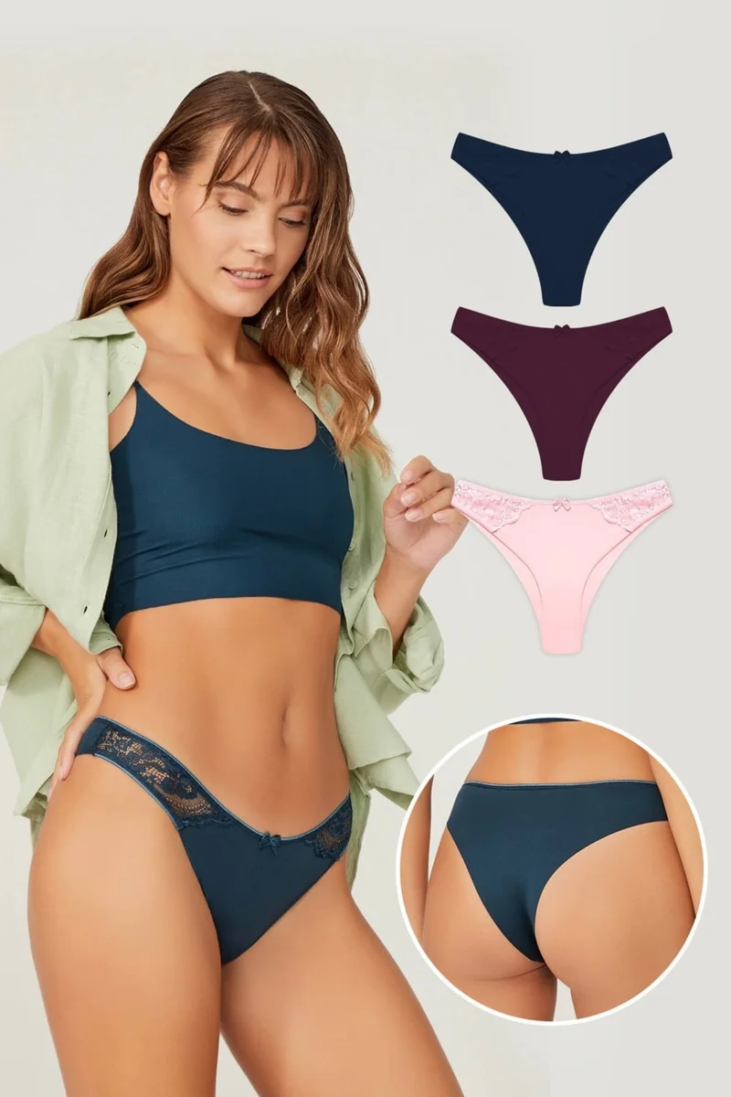 COTTONHILL Basic Laser Cut Lace Detailed Brazilian 3-Piece Panties - 2