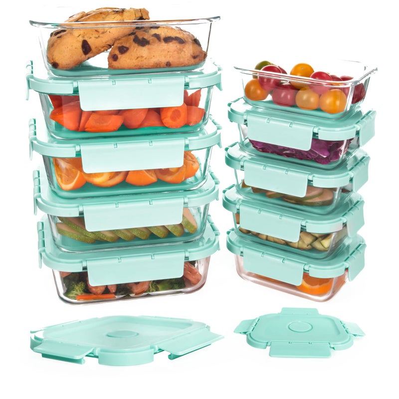 HAKEEMI 10 Pack Glass Meal Prep Containers Airtight Food Storage Containers with Lids Glass Containers for Lunch Built in Air Vents Dishwasher Safe Mint Green