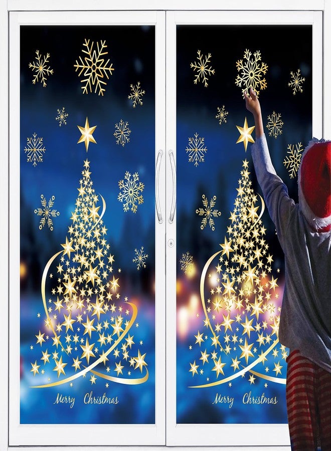 Whaline 4 Sheets Large Christmas Window Cling Sticker Golden Xmas Tree Winter Snowflake Reusable Window Decals for Home Shop Glass Door Decor, 38Pcs - Image 1