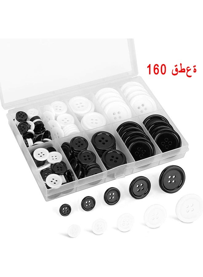 Mixed Sewing ons, 160PCS Round Black 4-Hole Craft ons 5 Sizes White And Black Resin on With Separate Compartment Storage Box Suitable for Sewing DIY Craft Projects - Image 1