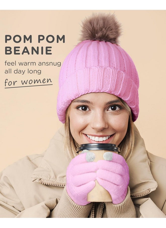 Haysandy - 6 Pieces Women Winter Hat Glove Set Skull Cap Beanie Touchscreen Gloves Warm Knitted Hats And Gloves For Women(Navy Blue, White, Pink) - Image 1