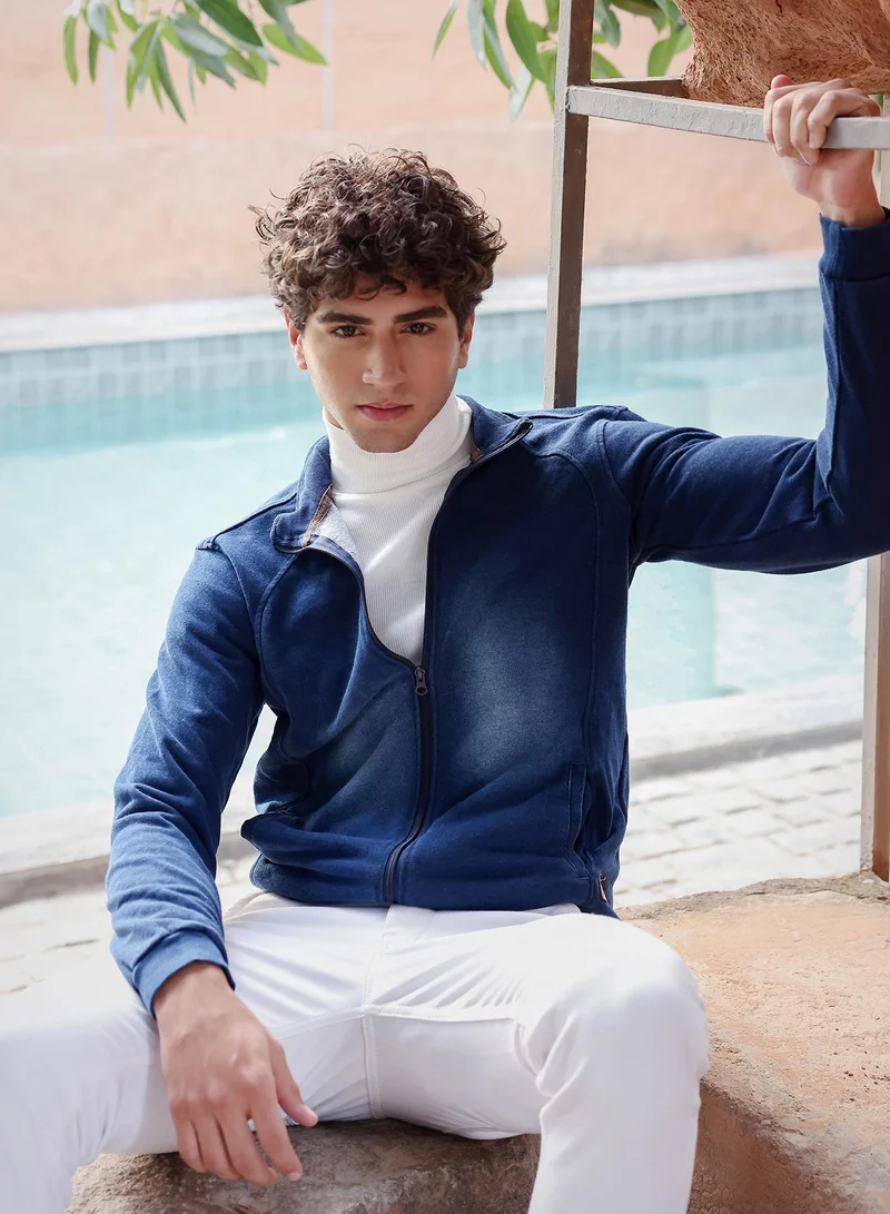 Campus Sutra Men's Navy Blue Dark-Wash Tinted Knit Jacket | High Neck , Ribbed Cuff Sleeves , Zipper  Closure , Ribbed-Straight Hem | Solid Plain For Casual & Daily Wear