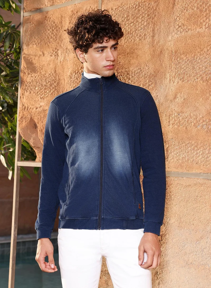 Campus Sutra Men's Navy Blue Dark-Wash Tinted Knit Jacket | High Neck , Ribbed Cuff Sleeves , Zipper  Closure , Ribbed-Straight Hem | Solid Plain For Casual & Daily Wear