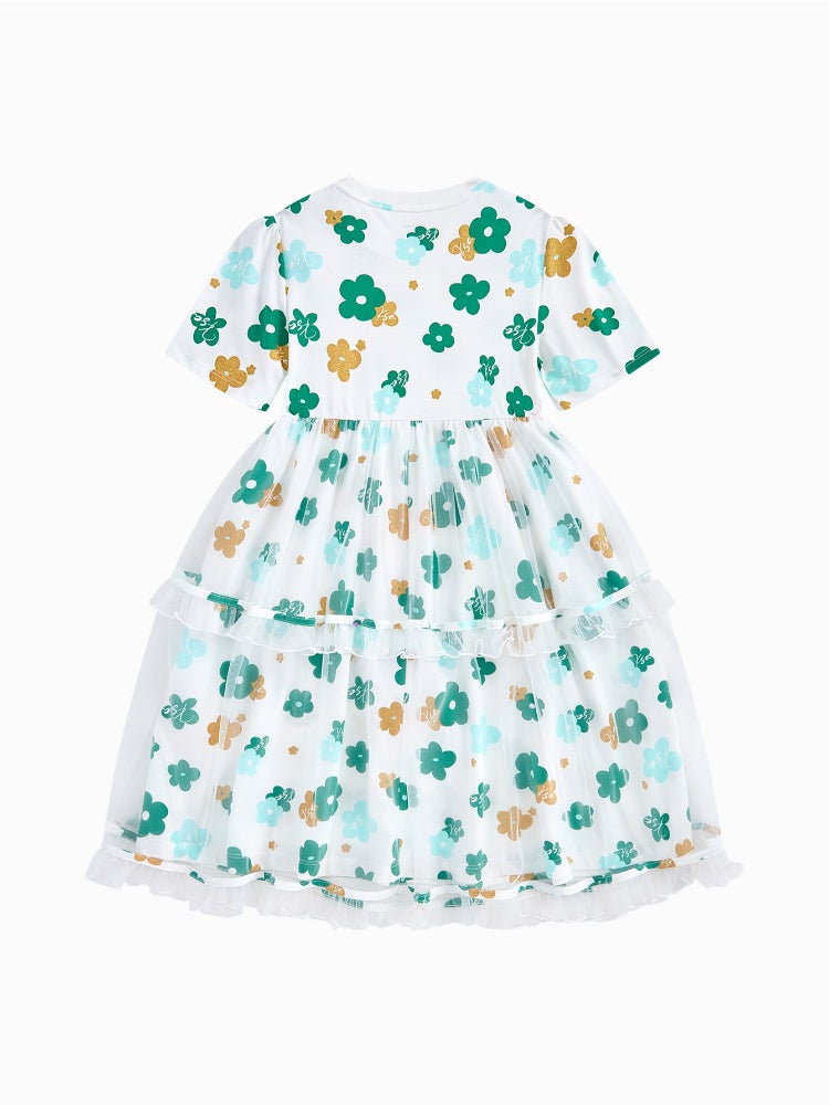 بالابالا فستان بأكمام قصيرة وقصّة فضفاضة - نقشات زهور مع طبقات كشكش من الأورجانزا وياقة دائرية للبنات - Image 2