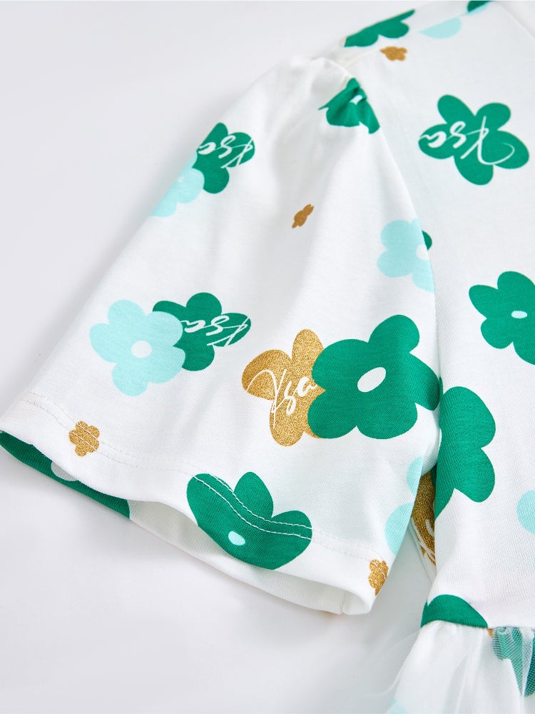 بالابالا فستان بأكمام قصيرة وقصّة فضفاضة - نقشات زهور مع طبقات كشكش من الأورجانزا وياقة دائرية للبنات - Image 4