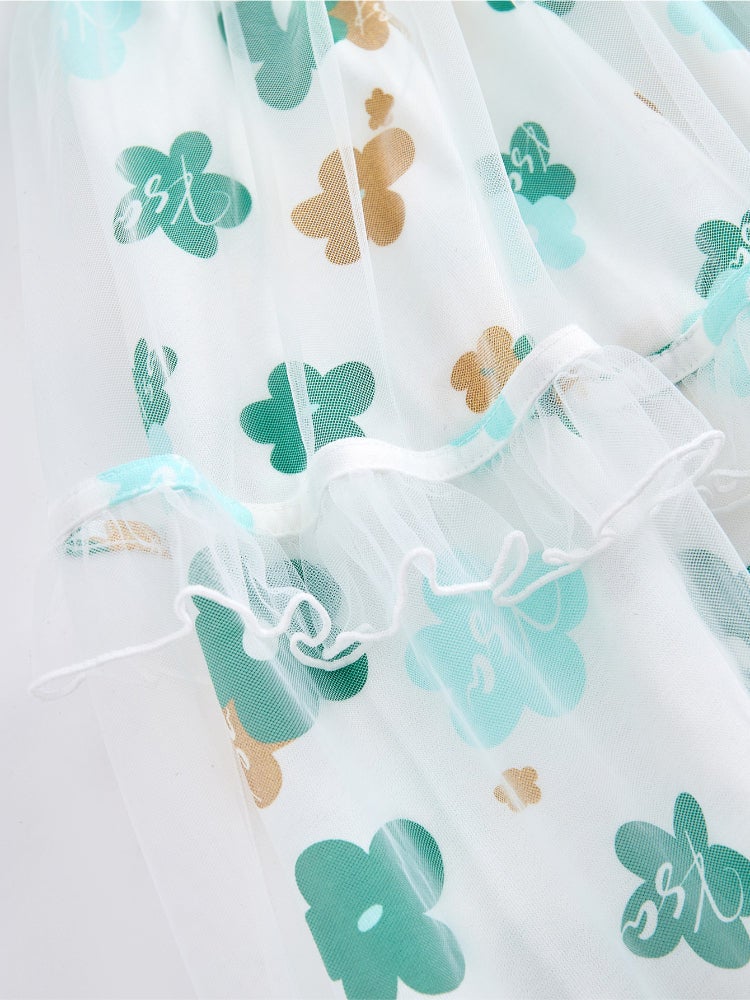 بالابالا فستان بأكمام قصيرة وقصّة فضفاضة - نقشات زهور مع طبقات كشكش من الأورجانزا وياقة دائرية للبنات - Image 5