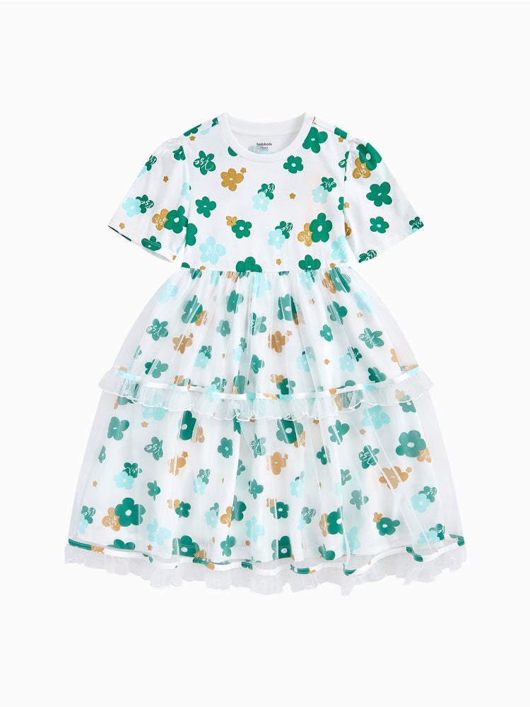 بالابالا فستان بأكمام قصيرة وقصّة فضفاضة - نقشات زهور مع طبقات كشكش من الأورجانزا وياقة دائرية للبنات - Image 1