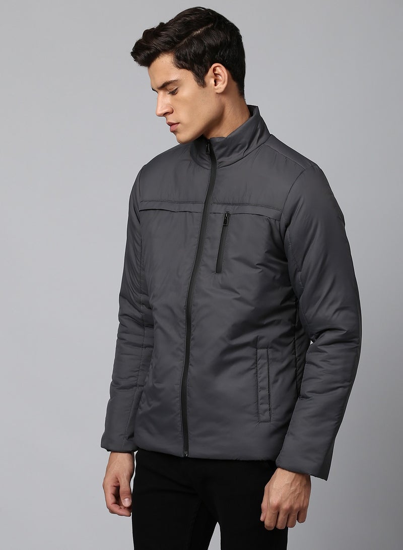 Dennis Lingo Dark Grey Regular Fit Men's Solid Mock Neck Polyester Jacket with Zipper Closure  - Image 2