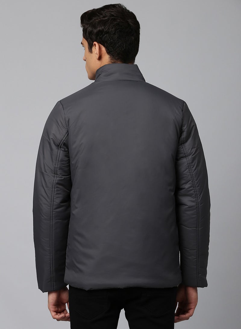 Dennis Lingo Dark Grey Regular Fit Men's Solid Mock Neck Polyester Jacket with Zipper Closure  - Image 3