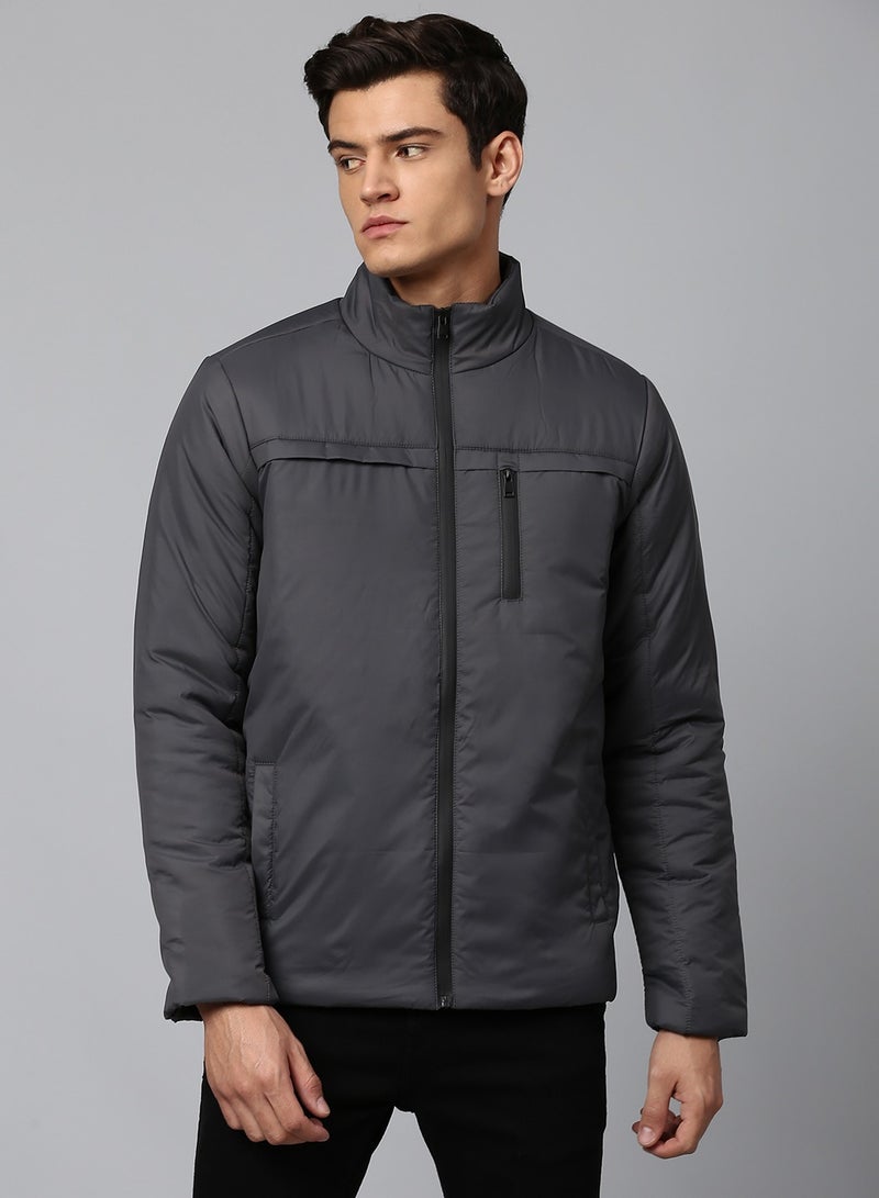 Dennis Lingo Dark Grey Regular Fit Men's Solid Mock Neck Polyester Jacket with Zipper Closure  - Image 1