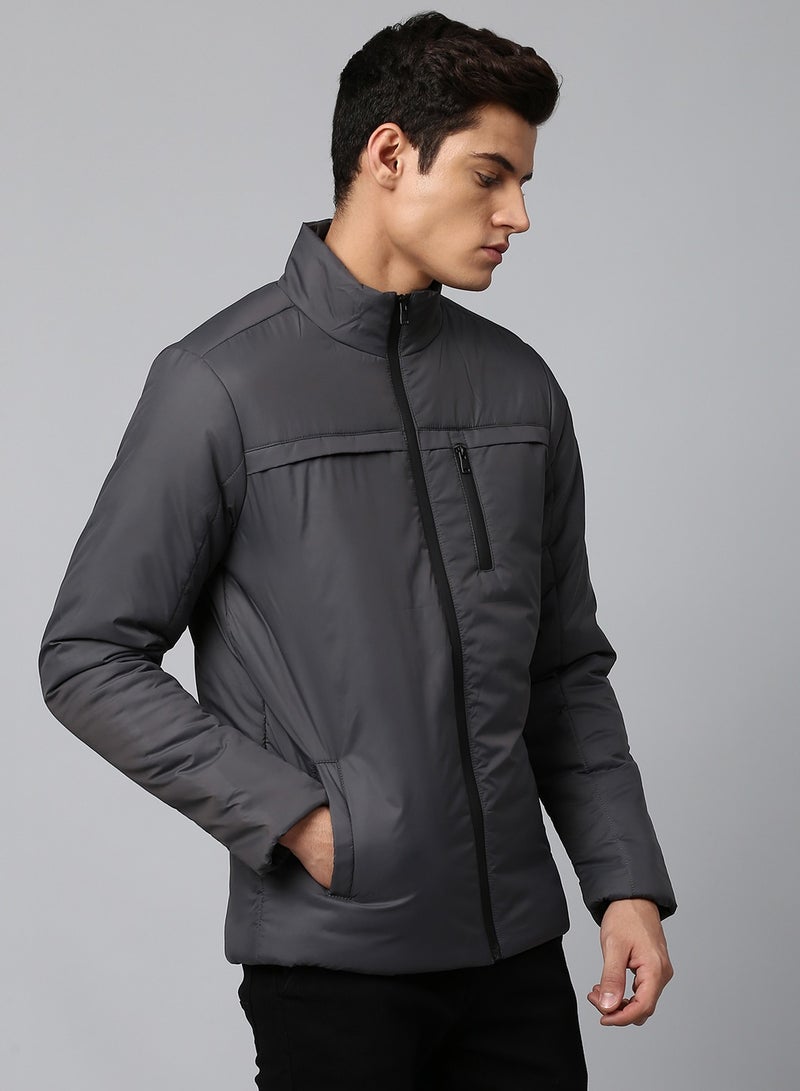 Dennis Lingo Dark Grey Regular Fit Men's Solid Mock Neck Polyester Jacket with Zipper Closure  - Image 5