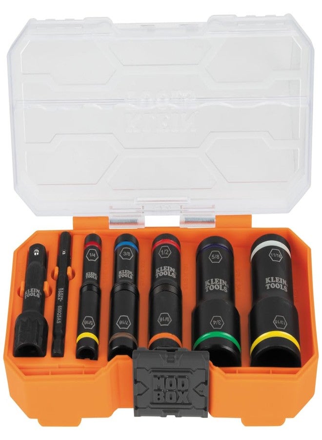 Klein Tools 65618 KNECT Flip-10 SAE Impact Socket Set, Deep Sockets with 5 Color-Coded Flip Sockets, 10 SAE Socket Sizes, 1/4 and 3/8-Inch Adapters and MODbox Case - Image 1