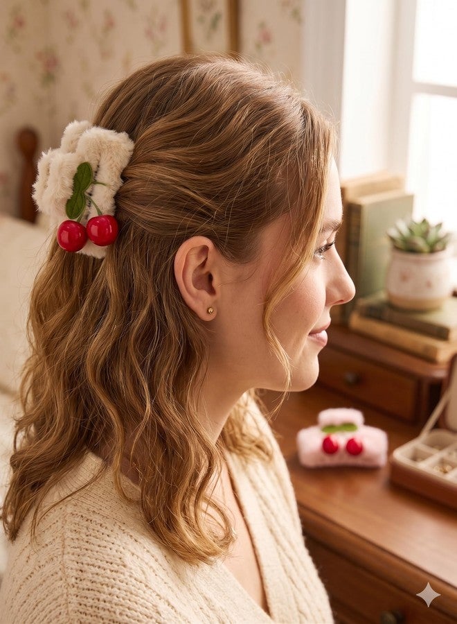 Opal Designs Furry Cherry Claw Clips for Girls & Women | Cute Plush Hair Clutcher with Cherry Design | Soft Fur Strong Hold Hair Accessories | Stylish Korean Aesthetic Hair Clips | Pack of 2 (Peach & Brown) - Image 4