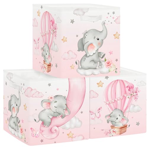 Clastyle 3 pcs Dreamy Animal Cube Storage Unit Boxes Foldable Kallax Box for Shelves Parents Storage Baskets for Book Clothes Toy Organizer Elephant 118x118x118 in - Image 1