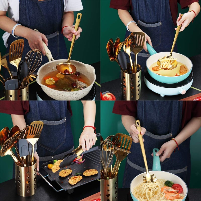 Berglander Gold Cooking Utensils Set, Berglander Stainless Steel 13 Pieces Kitchen Utensils Set With Titanium Gold Plating, Kitchen Tools Set With Utensil Holder, Dishwasher Safe, Easy to Clean - Image 2