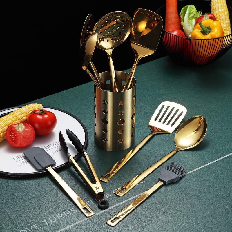 Berglander Gold Cooking Utensils Set, Berglander Stainless Steel 13 Pieces Kitchen Utensils Set With Titanium Gold Plating, Kitchen Tools Set With Utensil Holder, Dishwasher Safe, Easy to Clean - Image 4