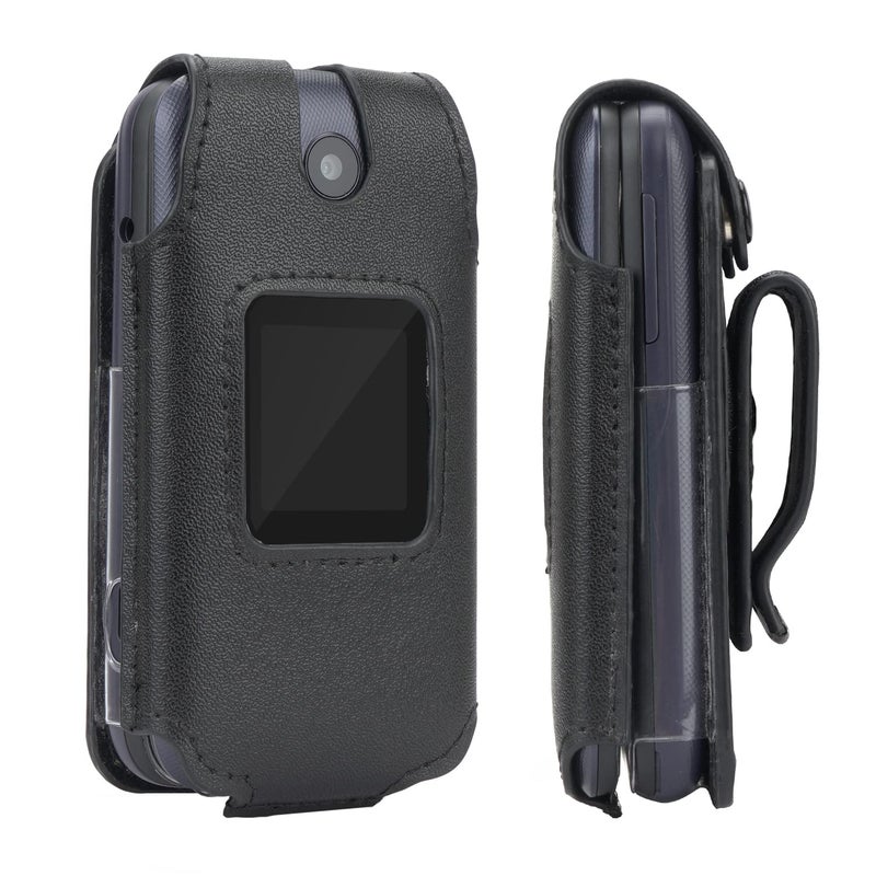 BELTRON Leather Fitted Case for Alcatel Go Flip 4 / TCL Flip Pro Phone - Secure Form Fit Cover with Built-in Screen Protection & Rotating Metal Belt Clip (Black) - Image 1