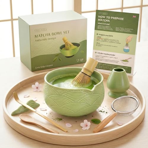 EDELHAUS Matcha Kit Whisk Set (7 Pcs) - Complete Matcha Set, Matcha Bowl with Spout, Whisk with Holder, Bamboo Scoop with Rest and Sifter, Perfect Kit for Matcha Lovers (Green Mist) - Image 1