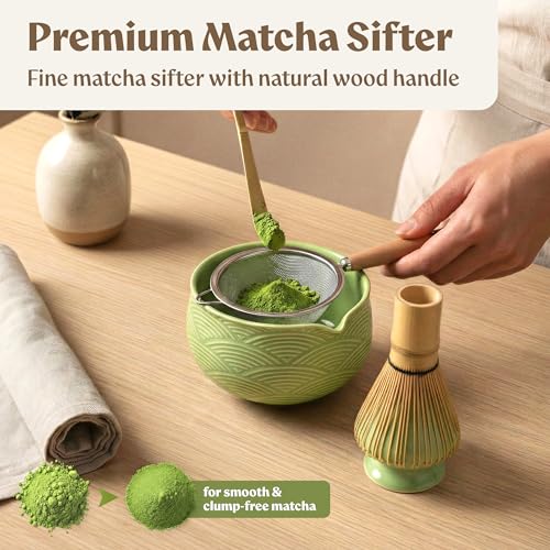 EDELHAUS Matcha Kit Whisk Set (7 Pcs) - Complete Matcha Set, Matcha Bowl with Spout, Whisk with Holder, Bamboo Scoop with Rest and Sifter, Perfect Kit for Matcha Lovers (Green Mist) - Image 5