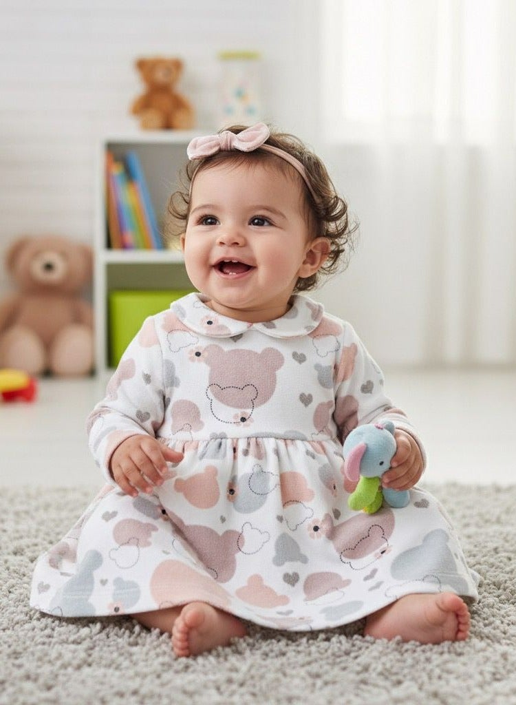 فول مون 1 فل مون فستان بأكمام طويلة للفتيات الصغيرات بنقشة دب، مزيج قطني أبيض مع قلوب وردية ورمادية، ياقة بيتر بان، ملابس حفلات للأطفال الرضع 19298 - Image 1