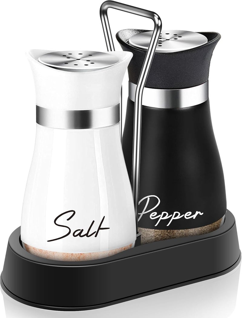 Arrozon Salt and Pepper Shakers Set with Holder,4 oz Bottom Salt Shaker with Stainless Steel Lid for Kitchen Gadgets Cooking Table Housewarming Gift Christmas Decor Refillable Design (Black + White) - Image 1
