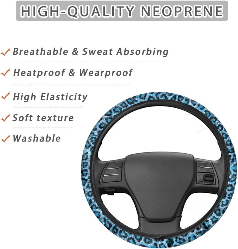 Universal Non-Slip Steering Wheel Cover, 15-inch Polyester Material Driving Accessories, Adjustable for Car and Truck(Sky Blue Glitter Leopard) - Image 4