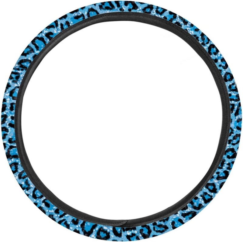 Universal Non-Slip Steering Wheel Cover, 15-inch Polyester Material Driving Accessories, Adjustable for Car and Truck(Sky Blue Glitter Leopard) - Image 2