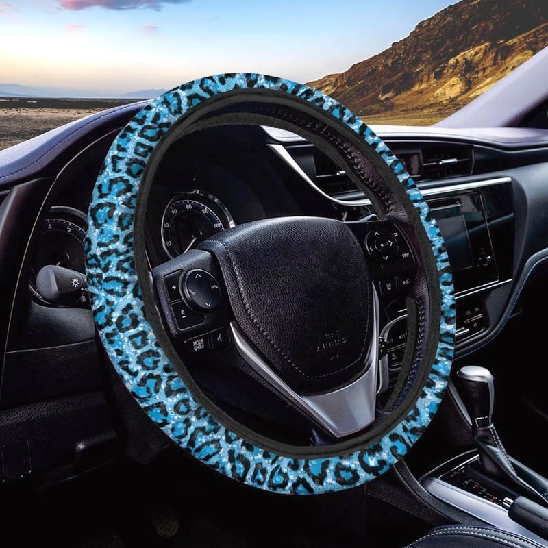 Universal Non-Slip Steering Wheel Cover, 15-inch Polyester Material Driving Accessories, Adjustable for Car and Truck(Sky Blue Glitter Leopard) - Image 1