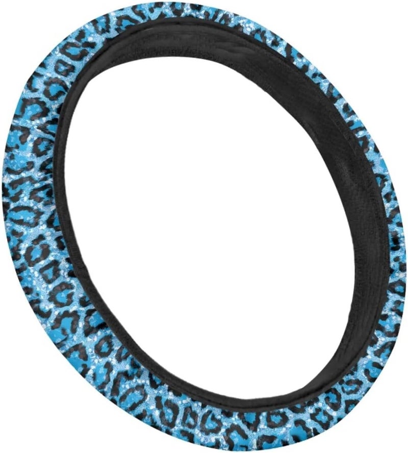 Universal Non-Slip Steering Wheel Cover, 15-inch Polyester Material Driving Accessories, Adjustable for Car and Truck(Sky Blue Glitter Leopard) - Image 3