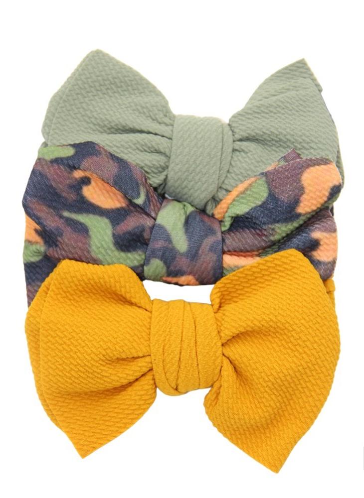 Bambimici Mira Assorted Big Ribbon Bow Headband For Babies Green, Yellow & Army Print - Image 1