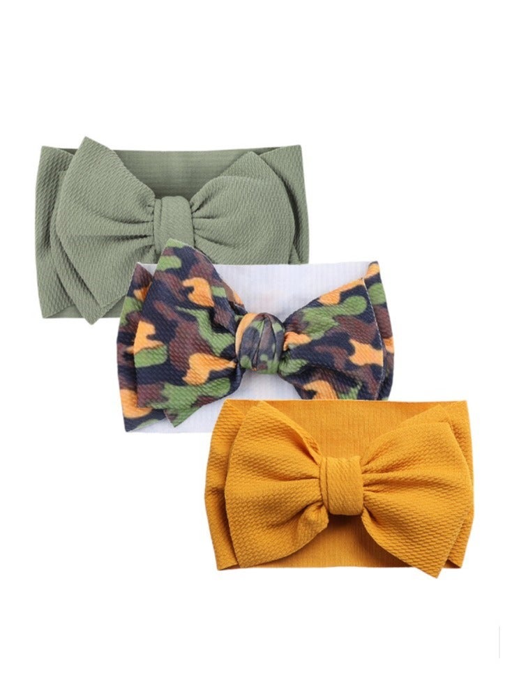 Bambimici Mira Assorted Big Ribbon Bow Headband For Babies Green, Yellow & Army Print - Image 5