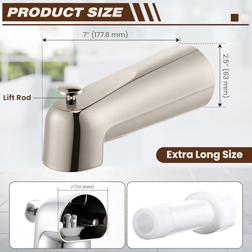 Dreyoo 7 Inch Tub Spout Universal Fits 12 Copper Pipe 12 IPS and 34 IPS Bathroom Bathtub Faucet with Adapters and Hex WrenchBrushed NickelWith Diverter - Image 3