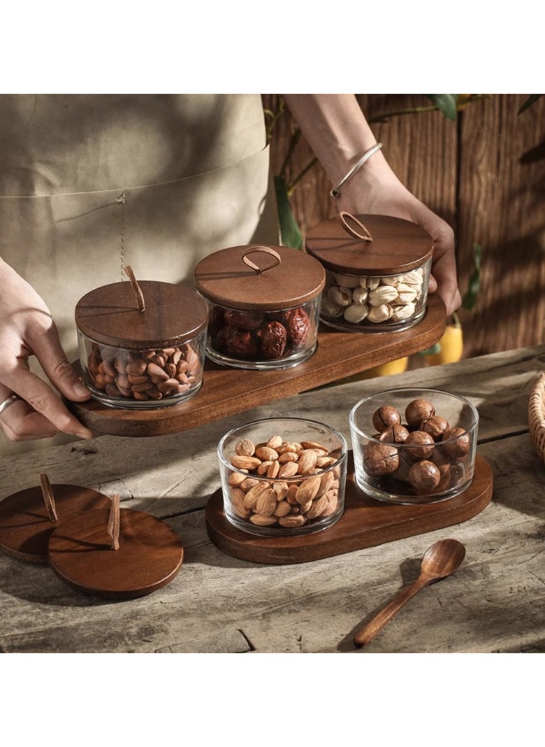 OLUDENIZ Elegant 2-Piece Glass Jar Set with Wooden Tray – Handmade Snack, Date & Nut Storage with Leather Loop Lids  - Image 3