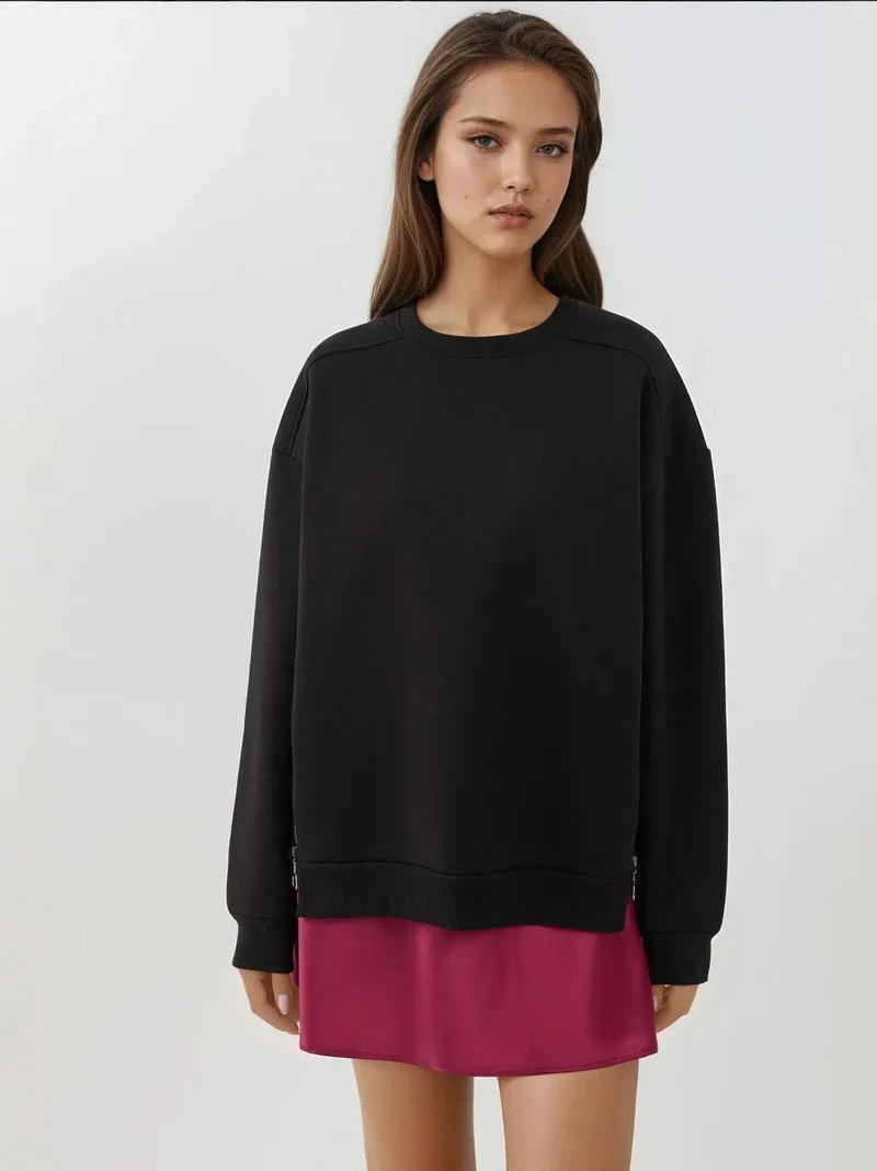 Hiccup Black Textured Crew Neck Sweatshirt with Zipper Detail Busem Collection for Women | Best Price UAE