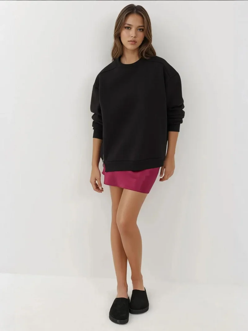 Hiccup Black Textured Crew Neck Sweatshirt with Zipper Detail Busem Collection for Women | Best Price UAE