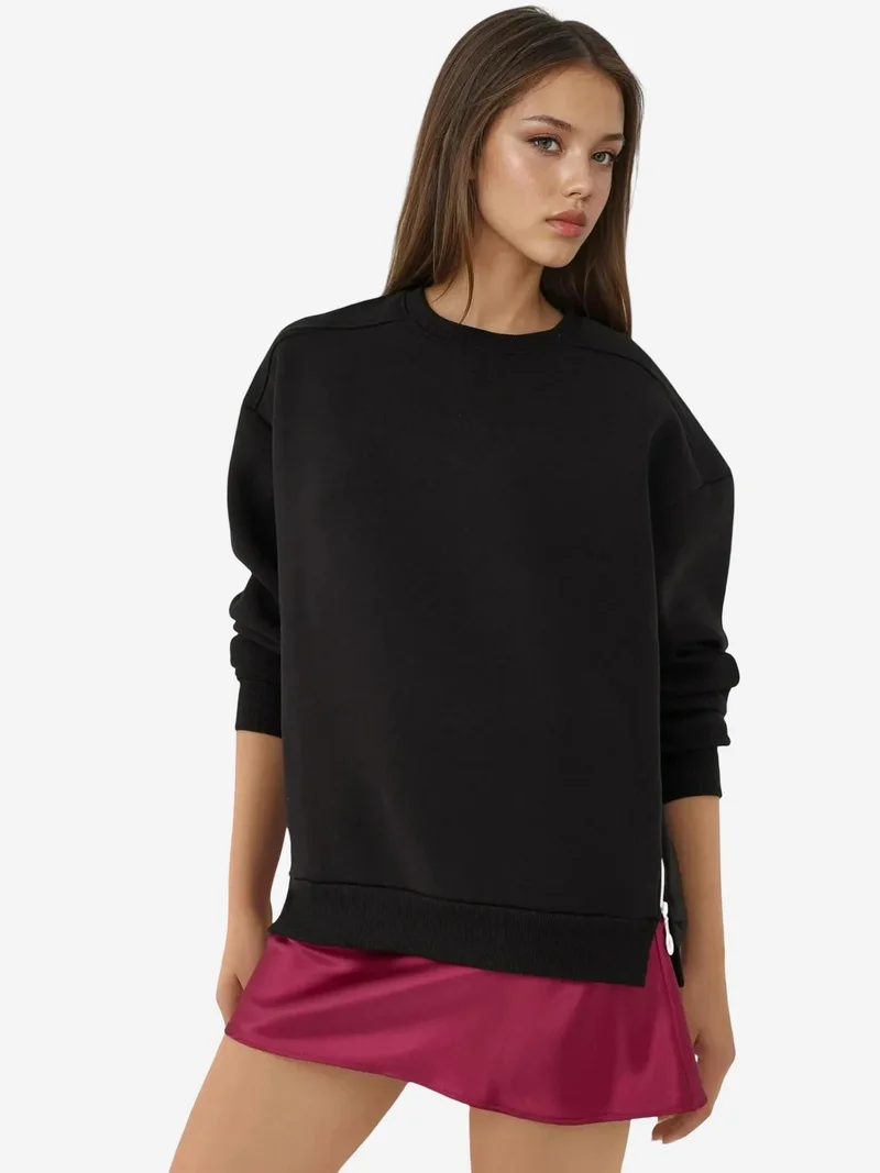 Hiccup Black Textured Crew Neck Sweatshirt with Zipper Detail Busem Collection for Women | Best Price UAE