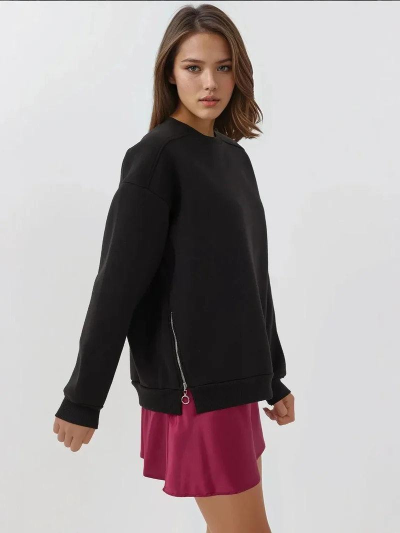 HICCUP Textured Crew Neck Sweatshirt with Zipper Detail Busem Collection