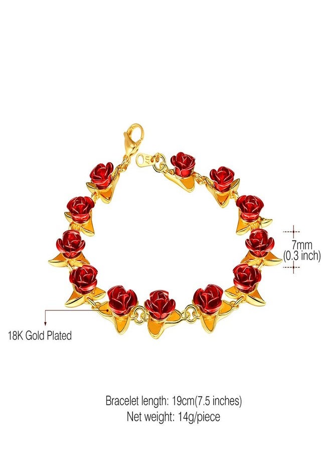 U7 سوار معصم نسائي لطيف مزين بزهور الورد الأحمر مطلي بالذهب عيار 18 مع روابط سحرية لمناسبات الزفاف والاحتفالات - Image 3
