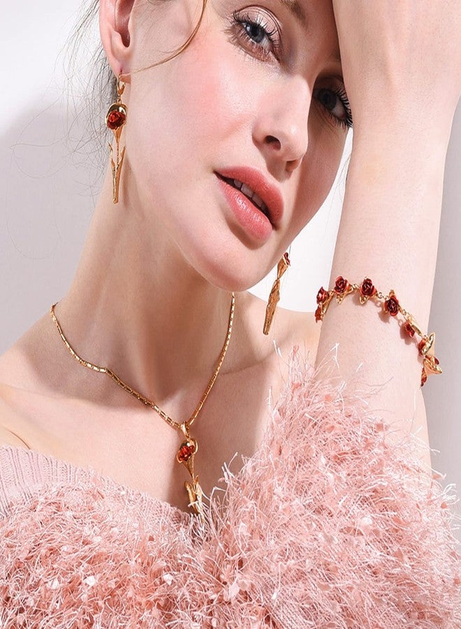 U7 سوار معصم نسائي لطيف مزين بزهور الورد الأحمر مطلي بالذهب عيار 18 مع روابط سحرية لمناسبات الزفاف والاحتفالات - Image 2